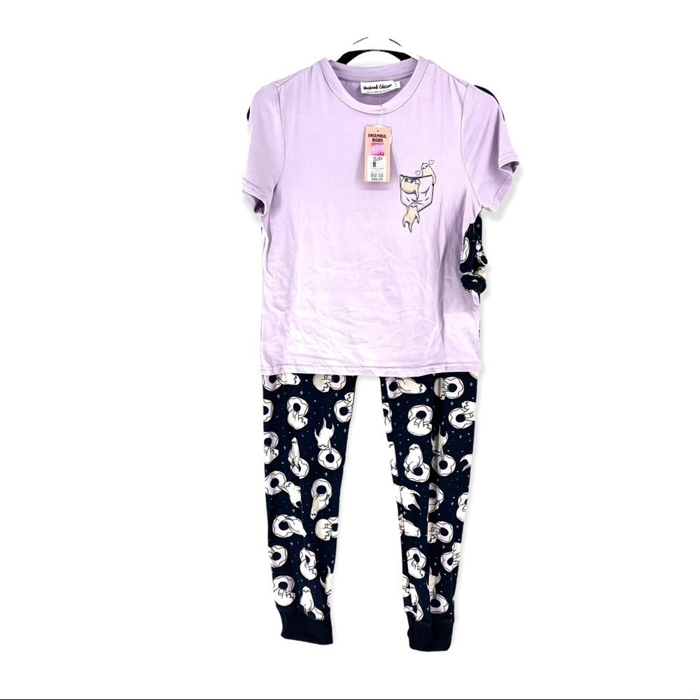 Weekend Edition Sloth Print  Shirt & Pant Lounge with Scrunchie Set
